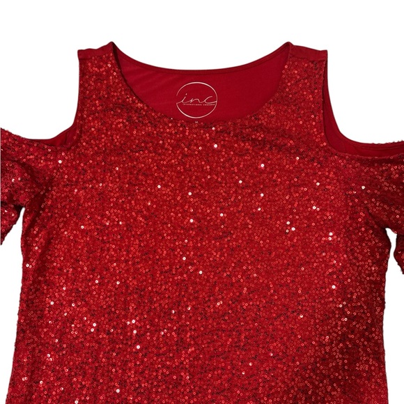 I.N.C cold shoulder red sequin long sleeve top size medium shiny sparkly sexy - Picture 3 of 6